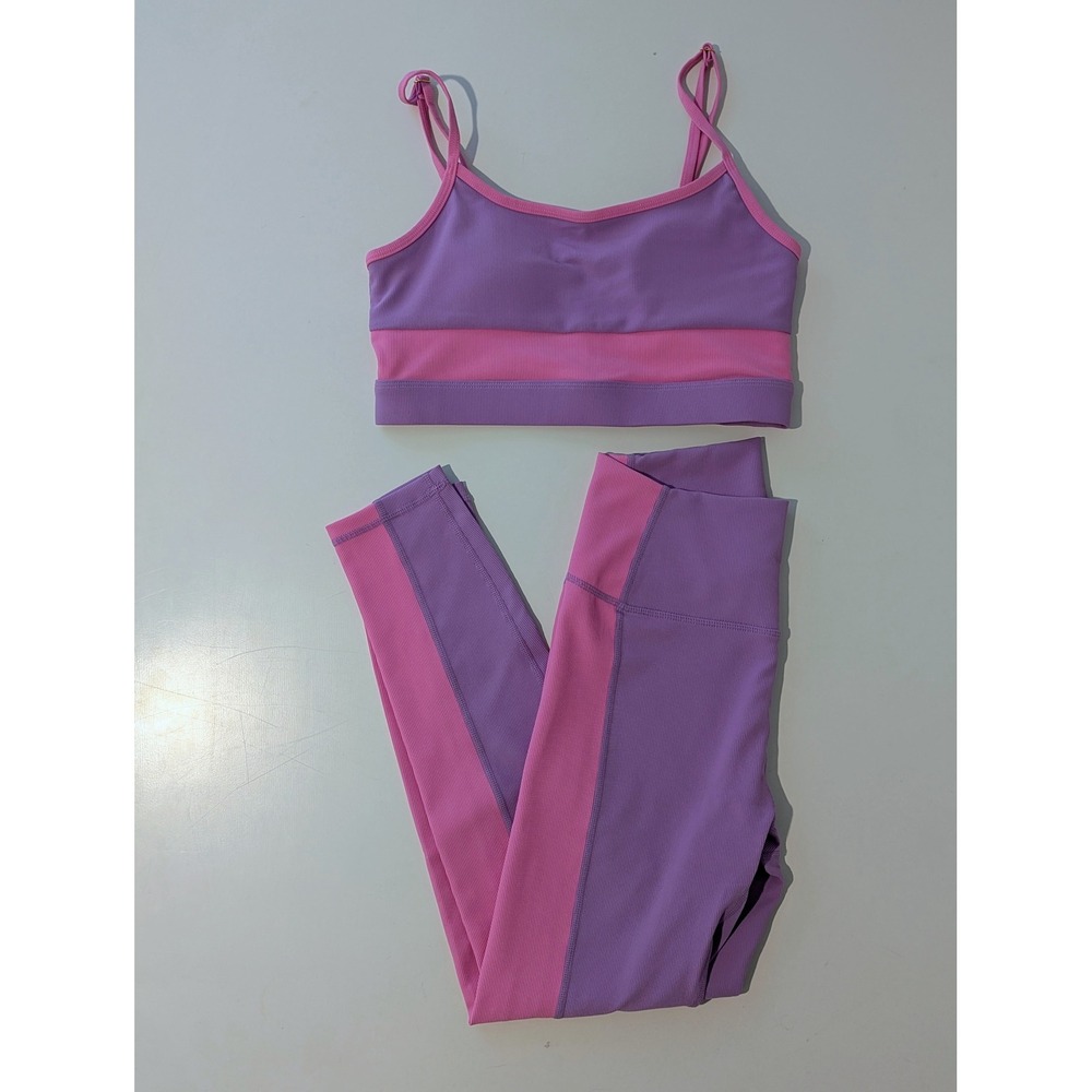 Wilo The Label Ribbed Colorblock Leggings and Sports Bra Set Purple Pink Medium